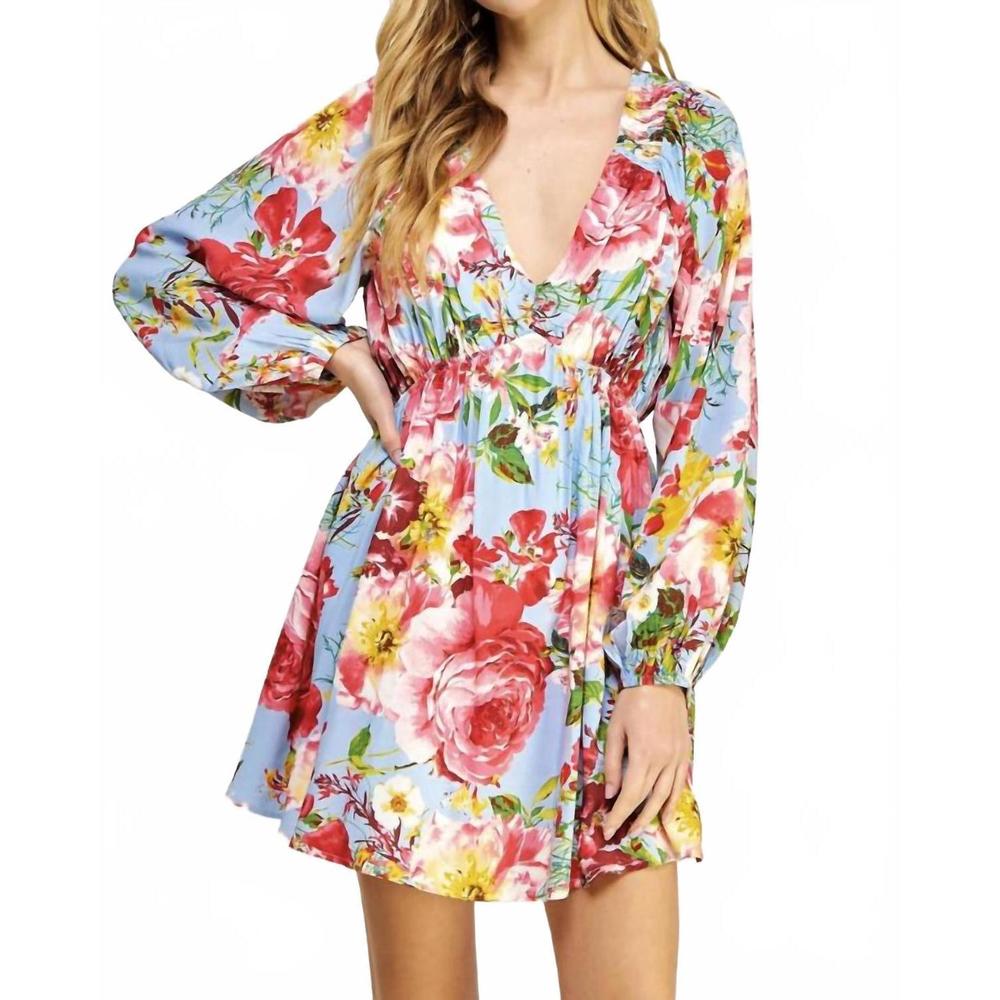 NEW STRUT & BOLT v-neck back tie closure mini dress in pink/ blue - Picture 1 of 4